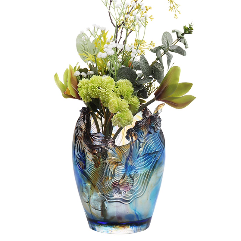Vase en verre : arrangement floral luxueux et sophistiqué pour salon, verre en cristal, porte-fleurs artistique préservé, table de salle à manger, ornement décoratif « Ajouter des fleurs au brocart »