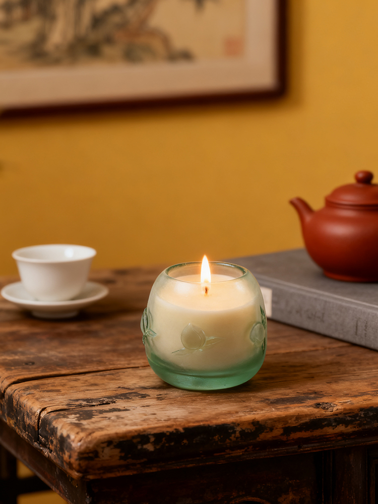 Bougeoir en verre de cristal avec motif de pêche chinois traditionnel – Support de lampe d'ambiance pour décoration d'intérieur 【Fleurs de pêcher en pleine floraison】