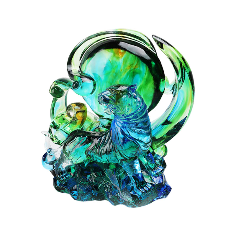 Ornements de tigre en verre cristal transparent bleu-vert