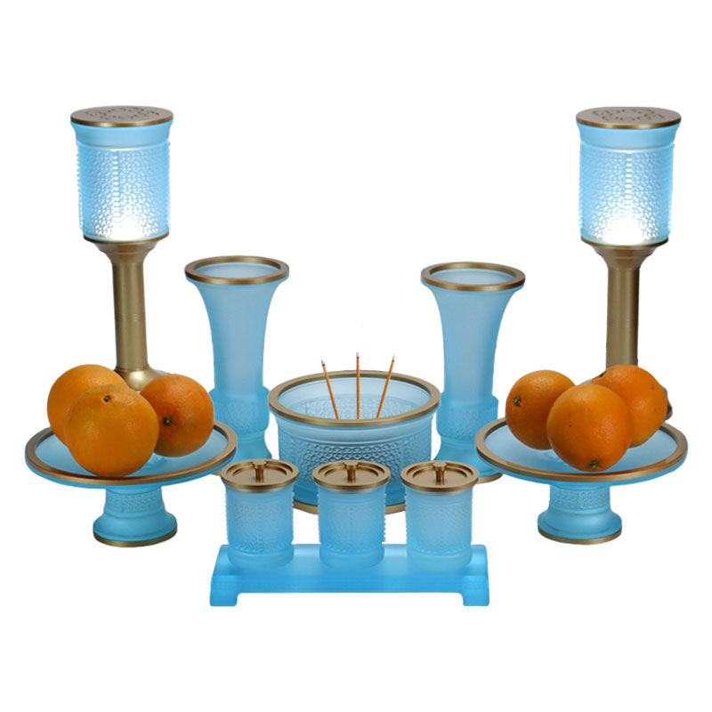 Ensemble d’offrandes d’autel bouddhistes en verre de la série Ruyi bleu clair