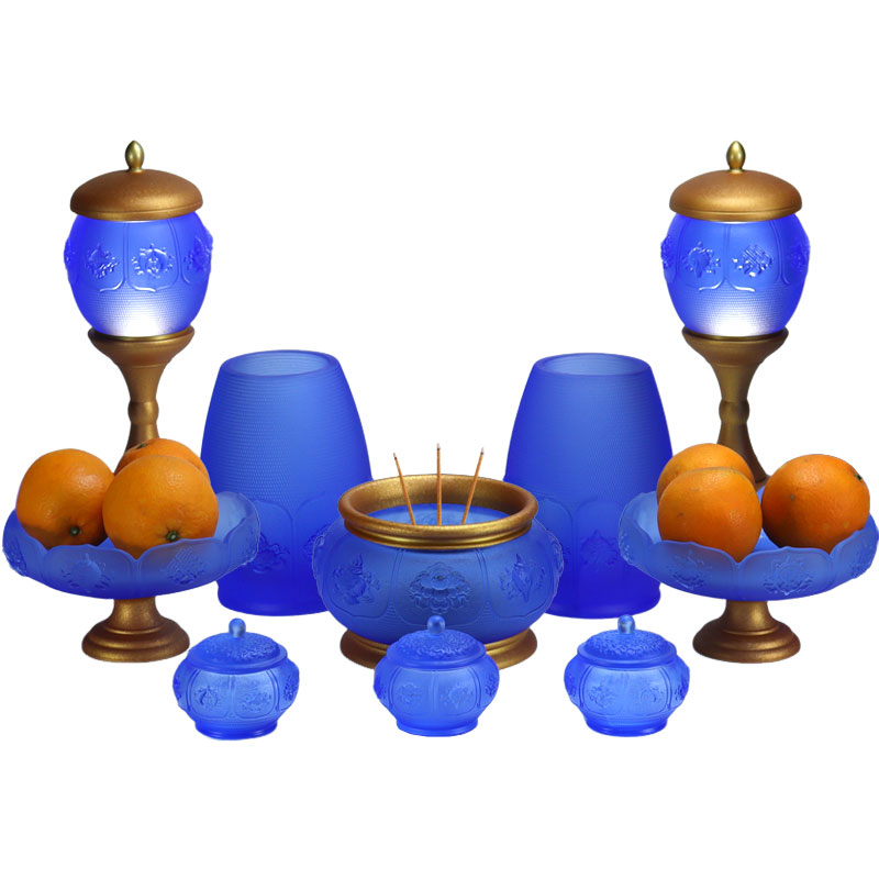Ensemble d'offrandes en verre cristal de la série Lotus aux Huit Trésors pour Autel Bouddhique