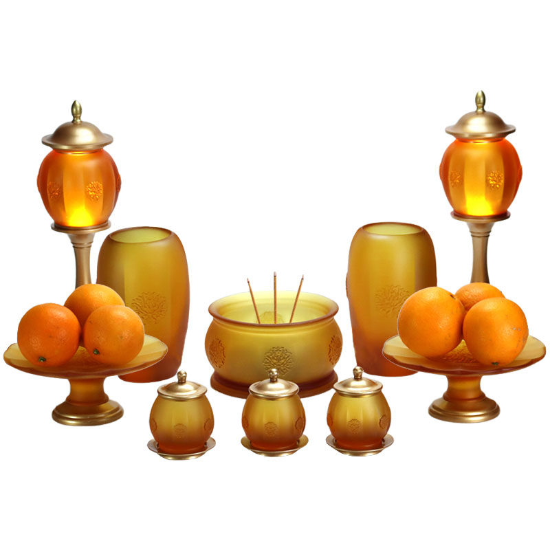 Ensemble d’offrandes d’autel bouddhiste en verre doré de la série « Bao Xiang Hua »
