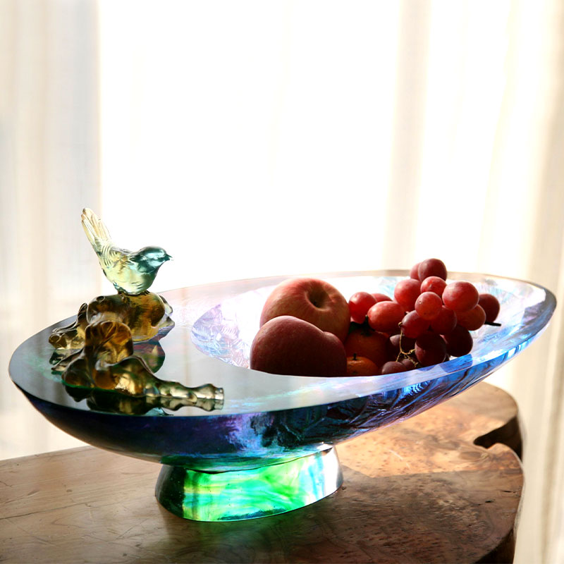 Bol de fruits en verre en cristal avec décoration d'oiseaux